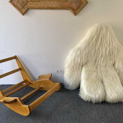 Rare, iconic mid-century modern space age design armchair, the Yeti Rocking Chair in wood and white goat hair fur by designer Mario Scheichenbauer for the Italian manufacturer Elam. New upholstery.