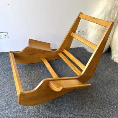 Rare, iconic mid-century modern space age design armchair, the Yeti Rocking Chair in wood and white goat hair fur by designer Mario Scheichenbauer for the Italian manufacturer Elam. New upholstery.