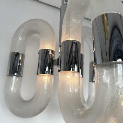 chrome metal space age of the chandelier suspended from the ceiling by Aldo Nason for Mazzega manufacturing. Bubble blown Murano glass. Famous manufactory like Venini, Vistosi, La Murrina, Seguso, Carlo Nason, Poliarte, Esperia, Angelo Brotto, Stilnovo, Arteluce, Arredoluce, Artemide, Pierre Cardin, Lumi, Luci, Raak, Angelo Lelii, Francesco Bocola, Superstudio, Enrico Tronconi, Mario Bellini, Harvey Guzzini, Luigi Massoni, Martinelli, Fabio Lenci, Gio Ponti.