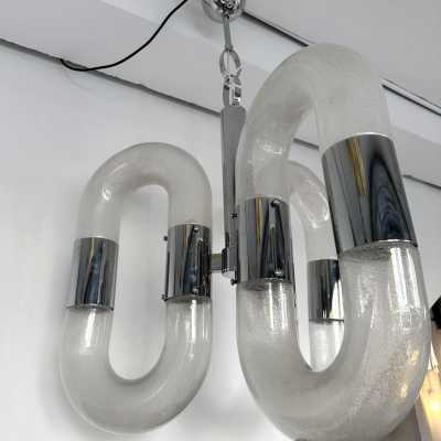 chrome metal space age of the chandelier suspended from the ceiling by Aldo Nason for Mazzega manufacturing. Bubble blown Murano glass. Famous manufactory like Venini, Vistosi, La Murrina, Seguso, Carlo Nason, Poliarte, Esperia, Angelo Brotto, Stilnovo, Arteluce, Arredoluce, Artemide, Pierre Cardin, Lumi, Luci, Raak, Angelo Lelii, Francesco Bocola, Superstudio, Enrico Tronconi, Mario Bellini, Harvey Guzzini, Luigi Massoni, Martinelli, Fabio Lenci, Gio Ponti.