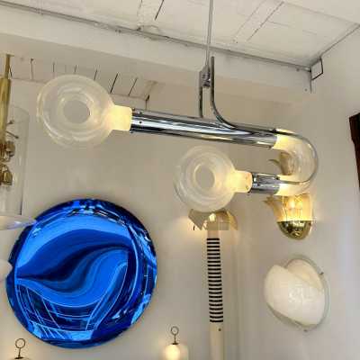 Space Age Metal Chrome Chandelier Ceiling Pendant Flash Lamp by Aldo Nason for Mazzega Manufacturing. Very special round blown bubble Murano glass. Famous manufactory like Venini, Vistosi, La Murrina, Seguso, Carlo Nason, Poliarte, Esperia, Angelo Brotto, Stilnovo, Arteluce, Arredoluce, Artemide, Pierre Cardin, Lumi, Luci, Raak, Angelo Lelii, Francesco Bocola, Superstudio, Enrico Tronconi, Mario Bellini, Harvey Guzzini, Luigi Massoni, Martinelli, Fabio Lenci, Gio Ponti.