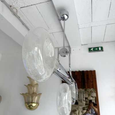 Space Age Metal Chrome Chandelier Ceiling Pendant Flash Lamp by Aldo Nason for Mazzega Manufacturing. Very special round blown bubble Murano glass. Famous manufactory like Venini, Vistosi, La Murrina, Seguso, Carlo Nason, Poliarte, Esperia, Angelo Brotto, Stilnovo, Arteluce, Arredoluce, Artemide, Pierre Cardin, Lumi, Luci, Raak, Angelo Lelii, Francesco Bocola, Superstudio, Enrico Tronconi, Mario Bellini, Harvey Guzzini, Luigi Massoni, Martinelli, Fabio Lenci, Gio Ponti.