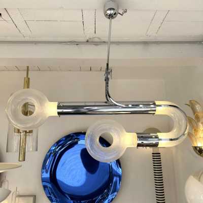 Space Age Metal Chrome Chandelier Ceiling Pendant Flash Lamp by Aldo Nason for Mazzega Manufacturing. Very special round blown bubble Murano glass. Famous manufactory like Venini, Vistosi, La Murrina, Seguso, Carlo Nason, Poliarte, Esperia, Angelo Brotto, Stilnovo, Arteluce, Arredoluce, Artemide, Pierre Cardin, Lumi, Luci, Raak, Angelo Lelii, Francesco Bocola, Superstudio, Enrico Tronconi, Mario Bellini, Harvey Guzzini, Luigi Massoni, Martinelli, Fabio Lenci, Gio Ponti.
