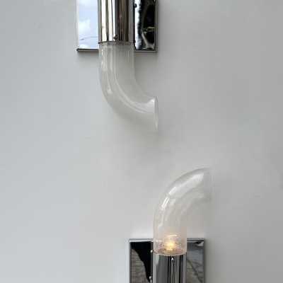 pair of 2 mid-century modern Space Age chrome metal wall sconces by Aldo Nason for Mazzega Manufacture. Bubble blown Murano glass. Famous manufactory like Venini, Vistosi, La Murrina, Seguso, Carlo Nason, Poliarte, Esperia, Angelo Brotto, Stilnovo, Arteluce, Arredoluce, Artemide, Pierre Cardin, Lumi, Luci, Raak, Angelo Lelii, Francesco Bocola, Superstudio, Enrico Tronconi, Mario Bellini, Harvey Guzzini, Luigi Massoni, Martinelli, Fabio Lenci, Gio Ponti.