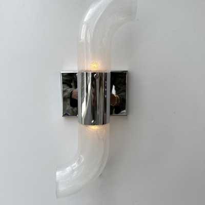 pair of 2 mid-century modern Space Age chrome metal wall sconces by Aldo Nason for Mazzega Manufacture. Bubble blown Murano glass. Famous manufactory like Venini, Vistosi, La Murrina, Seguso, Carlo Nason, Poliarte, Esperia, Angelo Brotto, Stilnovo, Arteluce, Arredoluce, Artemide, Pierre Cardin, Lumi, Luci, Raak, Angelo Lelii, Francesco Bocola, Superstudio, Enrico Tronconi, Mario Bellini, Harvey Guzzini, Luigi Massoni, Martinelli, Fabio Lenci, Gio Ponti.