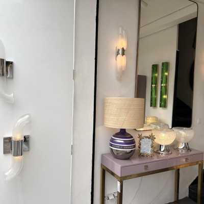 pair of 2 mid-century modern Space Age chrome metal wall sconces by Aldo Nason for Mazzega Manufacture. Bubble blown Murano glass. Famous manufactory like Venini, Vistosi, La Murrina, Seguso, Carlo Nason, Poliarte, Esperia, Angelo Brotto, Stilnovo, Arteluce, Arredoluce, Artemide, Pierre Cardin, Lumi, Luci, Raak, Angelo Lelii, Francesco Bocola, Superstudio, Enrico Tronconi, Mario Bellini, Harvey Guzzini, Luigi Massoni, Martinelli, Fabio Lenci, Gio Ponti.