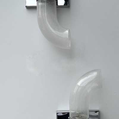 pair of 2 mid-century modern Space Age chrome metal wall sconces by Aldo Nason for Mazzega Manufacture. Bubble blown Murano glass. Famous manufactory like Venini, Vistosi, La Murrina, Seguso, Carlo Nason, Poliarte, Esperia, Angelo Brotto, Stilnovo, Arteluce, Arredoluce, Artemide, Pierre Cardin, Lumi, Luci, Raak, Angelo Lelii, Francesco Bocola, Superstudio, Enrico Tronconi, Mario Bellini, Harvey Guzzini, Luigi Massoni, Martinelli, Fabio Lenci, Gio Ponti.