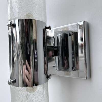 pair of 2 mid-century modern Space Age chrome metal wall sconces by Aldo Nason for Mazzega Manufacture. Bubble blown Murano glass. Famous manufactory like Venini, Vistosi, La Murrina, Seguso, Carlo Nason, Poliarte, Esperia, Angelo Brotto, Stilnovo, Arteluce, Arredoluce, Artemide, Pierre Cardin, Lumi, Luci, Raak, Angelo Lelii, Francesco Bocola, Superstudio, Enrico Tronconi, Mario Bellini, Harvey Guzzini, Luigi Massoni, Martinelli, Fabio Lenci, Gio Ponti.