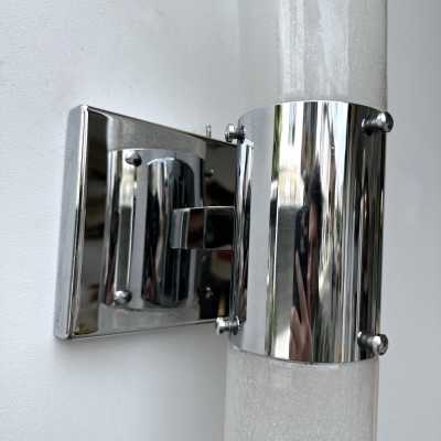 pair of 2 mid-century modern Space Age chrome metal wall sconces by Aldo Nason for Mazzega Manufacture. Bubble blown Murano glass. Famous manufactory like Venini, Vistosi, La Murrina, Seguso, Carlo Nason, Poliarte, Esperia, Angelo Brotto, Stilnovo, Arteluce, Arredoluce, Artemide, Pierre Cardin, Lumi, Luci, Raak, Angelo Lelii, Francesco Bocola, Superstudio, Enrico Tronconi, Mario Bellini, Harvey Guzzini, Luigi Massoni, Martinelli, Fabio Lenci, Gio Ponti.