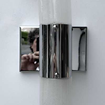 pair of 2 mid-century modern Space Age chrome metal wall sconces by Aldo Nason for Mazzega Manufacture. Bubble blown Murano glass. Famous manufactory like Venini, Vistosi, La Murrina, Seguso, Carlo Nason, Poliarte, Esperia, Angelo Brotto, Stilnovo, Arteluce, Arredoluce, Artemide, Pierre Cardin, Lumi, Luci, Raak, Angelo Lelii, Francesco Bocola, Superstudio, Enrico Tronconi, Mario Bellini, Harvey Guzzini, Luigi Massoni, Martinelli, Fabio Lenci, Gio Ponti.