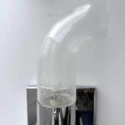 pair of 2 mid-century modern Space Age chrome metal wall sconces by Aldo Nason for Mazzega Manufacture. Bubble blown Murano glass. Famous manufactory like Venini, Vistosi, La Murrina, Seguso, Carlo Nason, Poliarte, Esperia, Angelo Brotto, Stilnovo, Arteluce, Arredoluce, Artemide, Pierre Cardin, Lumi, Luci, Raak, Angelo Lelii, Francesco Bocola, Superstudio, Enrico Tronconi, Mario Bellini, Harvey Guzzini, Luigi Massoni, Martinelli, Fabio Lenci, Gio Ponti.
