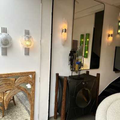 Pair of Space Age Mid-Century Modern wall lights in chrome metal and textured glass by Italian designer Angelo Brotto for the Esperia manufacture. Famous design Venini, La Murrina, Seguso, Carlo Aldo Nason, Poliarte, Stilnovo, Arteluce, Arredoluce, Artemide, Pierre Cardin, Lumi, Luci, Raak, Angelo Lelii, Francesco Bocola, Superstudio, Enrico Tronconi, Mario Bellini, Harvey Guzzini, Luigi Massoni, Martinelli, Fabio Lenci, Gio Ponti.