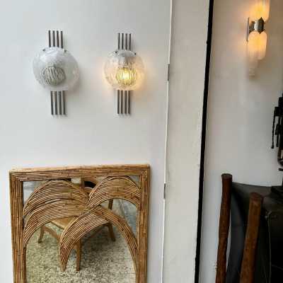 Pair of Space Age Mid-Century Modern wall lights in chrome metal and textured glass by Italian designer Angelo Brotto for the Esperia manufacture. Famous design Venini, La Murrina, Seguso, Carlo Aldo Nason, Poliarte, Stilnovo, Arteluce, Arredoluce, Artemide, Pierre Cardin, Lumi, Luci, Raak, Angelo Lelii, Francesco Bocola, Superstudio, Enrico Tronconi, Mario Bellini, Harvey Guzzini, Luigi Massoni, Martinelli, Fabio Lenci, Gio Ponti.