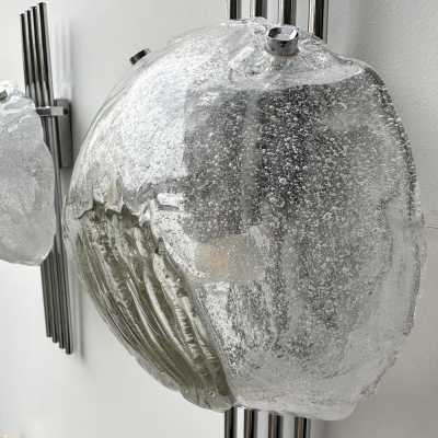 Pair of Space Age Mid-Century Modern wall lights in chrome metal and textured glass by Italian designer Angelo Brotto for the Esperia manufacture. Famous design Venini, La Murrina, Seguso, Carlo Aldo Nason, Poliarte, Stilnovo, Arteluce, Arredoluce, Artemide, Pierre Cardin, Lumi, Luci, Raak, Angelo Lelii, Francesco Bocola, Superstudio, Enrico Tronconi, Mario Bellini, Harvey Guzzini, Luigi Massoni, Martinelli, Fabio Lenci, Gio Ponti.