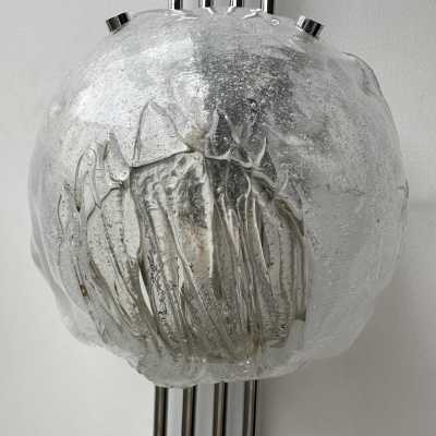 Pair of Space Age Mid-Century Modern wall lights in chrome metal and textured glass by Italian designer Angelo Brotto for the Esperia manufacture. Famous design Venini, La Murrina, Seguso, Carlo Aldo Nason, Poliarte, Stilnovo, Arteluce, Arredoluce, Artemide, Pierre Cardin, Lumi, Luci, Raak, Angelo Lelii, Francesco Bocola, Superstudio, Enrico Tronconi, Mario Bellini, Harvey Guzzini, Luigi Massoni, Martinelli, Fabio Lenci, Gio Ponti.