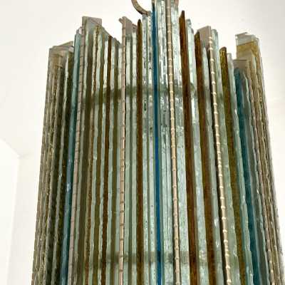 Mid-century modern chandeliers and pendants in hammered glass and silver-plated wrought iron from the Biancardi Jordan factory in Verona, in the Brutalist style, a competitor of Longobard Arte and Poliarte in the 1970s. Famous designers, such as Carlo Aldo Nason for Mazzega Murano, Venini, Vistosi, La Murrina, Esperia and Angelo Brotto.