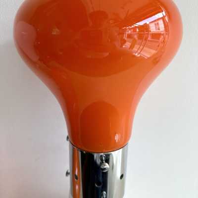 Mid-century modern space age table or bedside lamps model Birillo, this is a rare variation of Carlo Nason's iconic floor lamp for the Mazzega manufacture. Chromed metal and blown Murano glass. Up and down position. Famous manufactory such as Venini, Vistosi, La Murrina, Seguso, Carlo Nason, Poliarte, Esperia, Angelo Brotto, Stilnovo, Arteluce, Arredoluce, Artemide, Pierre Cardin, Lumi, Luci, Raak, Angelo Lelii, Francesco Bocola, Superstudio, Enrico Tronconi, Mario Bellini, H