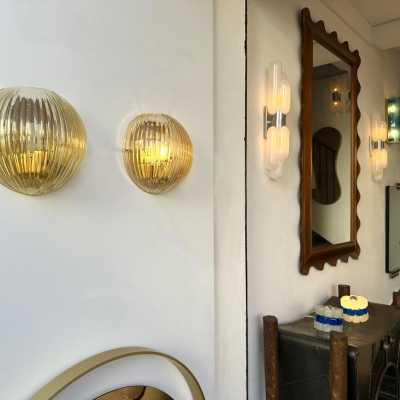 Mid-Century Modern Space Age Yellow Gold Leaf Murano Glass Wall Sconces. Famous manufacturing designers like Barovier Toso Fabbian, Venini, Veronese, La Murrina, Aldo Carlo Nason, Stilnovo, Joe Colombo, Arteluce, Arredoluce, Lumi, Luci, Rggiani, Sciolari, Werner Pantone, Luigi Colani, Raak, Angelo Lelii, Angelo Brotto, Esperia, Francesco Bocola, Superstudio, Enrico Tronconi, Mario Bellini, Harvey Guzzini, Luigi Massoni, Martinelli, Pierre Cardin, Fabio Lenc