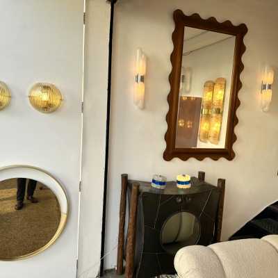 Mid-Century Modern Space Age Yellow Gold Leaf Murano Glass Wall Sconces. Famous manufacturing designers like Barovier Toso Fabbian, Venini, Veronese, La Murrina, Aldo Carlo Nason, Stilnovo, Joe Colombo, Arteluce, Arredoluce, Lumi, Luci, Rggiani, Sciolari, Werner Pantone, Luigi Colani, Raak, Angelo Lelii, Angelo Brotto, Esperia, Francesco Bocola, Superstudio, Enrico Tronconi, Mario Bellini, Harvey Guzzini, Luigi Massoni, Martinelli, Pierre Cardin, Fabio Lenc