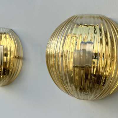Mid-Century Modern Space Age Yellow Gold Leaf Murano Glass Wall Sconces. Famous manufacturing designers like Barovier Toso Fabbian, Venini, Veronese, La Murrina, Aldo Carlo Nason, Stilnovo, Joe Colombo, Arteluce, Arredoluce, Lumi, Luci, Rggiani, Sciolari, Werner Pantone, Luigi Colani, Raak, Angelo Lelii, Angelo Brotto, Esperia, Francesco Bocola, Superstudio, Enrico Tronconi, Mario Bellini, Harvey Guzzini, Luigi Massoni, Martinelli, Pierre Cardin, Fabio Lenc
