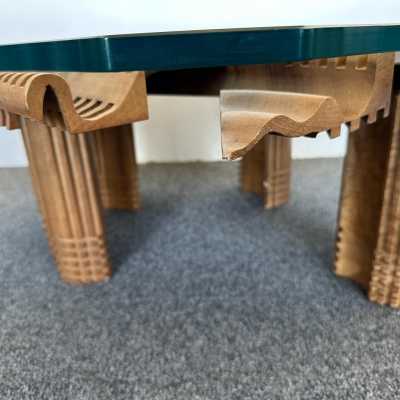 cocktail coffee table mid century modern sculpture in wood marquetry, glass top by Italian designer artist sculptor Gianni L. Arosio. Signed on the table. original documentation on request. Design like Gruppo NP2, Nerone Ceccarelli, Janine Abraham, Mathieu Matégot, Maison Jansen, Galerie Maison et Jardin, Ferdinando Loffredo, Gianfranco Frattini, Cassina, Osvaldo Borsani, Joe Colombo, Vico Magistretti, Luisa and Ico Parisi, Mario Bellini, Tito Agnoli, Afra Tobia Carlo Scarpa, Lucia