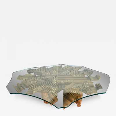 cocktail coffee table mid century modern sculpture in wood marquetry, glass top by Italian designer artist sculptor Gianni L. Arosio. Signed on the table. original documentation on request. Design like Gruppo NP2, Nerone Ceccarelli, Janine Abraham, Mathieu Matégot, Maison Jansen, Galerie Maison et Jardin, Ferdinando Loffredo, Gianfranco Frattini, Cassina, Osvaldo Borsani, Joe Colombo, Vico Magistretti, Luisa and Ico Parisi, Mario Bellini, Tito Agnoli, Afra Tobia Carlo Scarpa, Lucia
