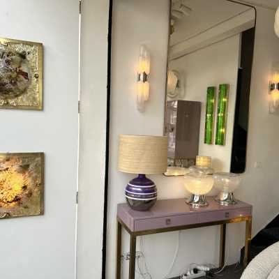 Pair of mid-century modern space age brass wall or ceiling lights, flash or recessed sconces, Italian design attributed to the La Murrina factory. Blown textured Murano glass. Famous manufactory such as Venini, Vistosi, Mazzega, Seguso, Carlo Nason, Poliarte, Esperia, Angelo Brotto, Stilnovo, Arteluce, Arredoluce, Artemide, Pierre Cardin, Lumi, Luci, Raak, Angelo Lelii, Francesco Bocola, Superstudio, Enrico Tronconi, Mario Bellini, Harvey Guzzini, Luigi Massoni, Martinelli, Fab