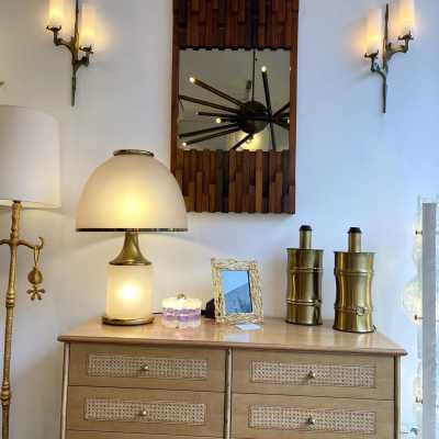 Pair or set of two Mid-Century Modern wall sconces by Maison Arlus. Cast gilt bronze and opaline glass. Rare model, beautiful patina. Original documentation available upon request. Renowned manufacturers such as Stilnovo, Arteluce, Arredoluce, Maison Jansen, Charles, Hollywood Regency, and Felix Agostini.
