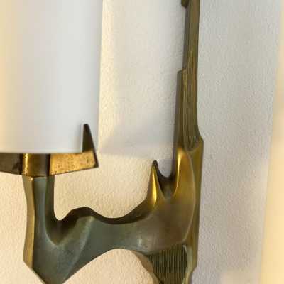 Pair or set of two Mid-Century Modern wall sconces by Maison Arlus. Cast gilt bronze and opaline glass. Rare model, beautiful patina. Original documentation available upon request. Renowned manufacturers such as Stilnovo, Arteluce, Arredoluce, Maison Jansen, Charles, Hollywood Regency, and Felix Agostini.