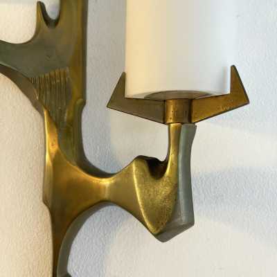 Pair or set of two Mid-Century Modern wall sconces by Maison Arlus. Cast gilt bronze and opaline glass. Rare model, beautiful patina. Original documentation available upon request. Renowned manufacturers such as Stilnovo, Arteluce, Arredoluce, Maison Jansen, Charles, Hollywood Regency, and Felix Agostini.