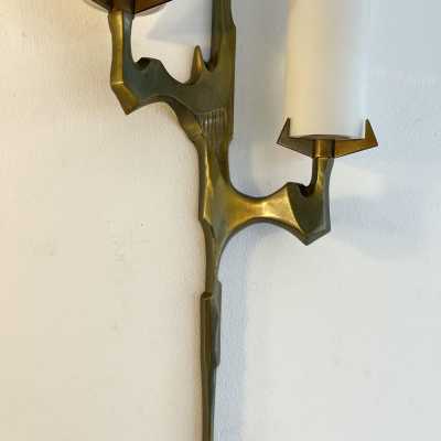 Pair or set of two Mid-Century Modern wall sconces by Maison Arlus. Cast gilt bronze and opaline glass. Rare model, beautiful patina. Original documentation available upon request. Renowned manufacturers such as Stilnovo, Arteluce, Arredoluce, Maison Jansen, Charles, Hollywood Regency, and Felix Agostini.