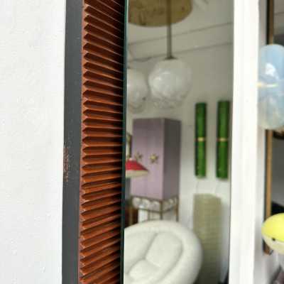 Mid-Century Modern style striped wood wall or floor mirror with brass details. Inspired by Ico Parisi, Cesare Lacca, Gio Ponti, Franco Campo, Carlo Graffi, and Osvaldo Borsani.