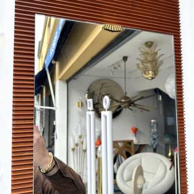 Mid-Century Modern style striped wood wall or floor mirror with brass details. Inspired by Ico Parisi, Cesare Lacca, Gio Ponti, Franco Campo, Carlo Graffi, and Osvaldo Borsani.