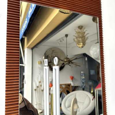 Mid-Century Modern style striped wood wall or floor mirror with brass details. Inspired by Ico Parisi, Cesare Lacca, Gio Ponti, Franco Campo, Carlo Graffi, and Osvaldo Borsani.