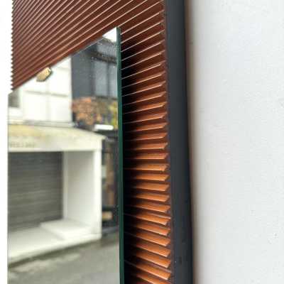 Mid-Century Modern style striped wood wall or floor mirror with brass details. Inspired by Ico Parisi, Cesare Lacca, Gio Ponti, Franco Campo, Carlo Graffi, and Osvaldo Borsani.