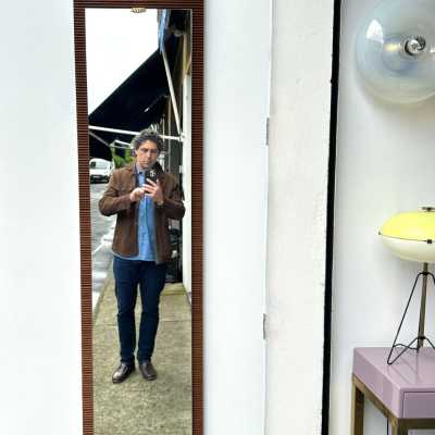 Mid-Century Modern style striped wood wall or floor mirror with brass details. Inspired by Ico Parisi, Cesare Lacca, Gio Ponti, Franco Campo, Carlo Graffi, and Osvaldo Borsani.