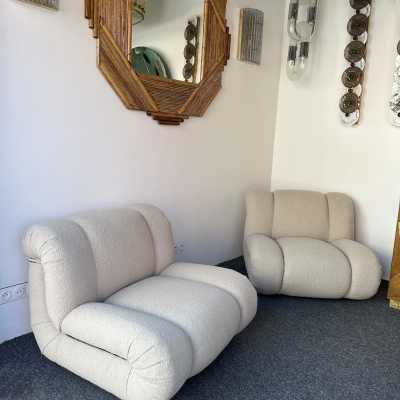 Mid-Century Modern Space Age Pair of large Velasquez model fireside armchairs by Italian design publisher Mimo J. Padova. New loopback fabric covering. In the style of Pierre Cardin, Gio Ponti, Gianfranco Frattini, Cassina, Osvaldo Borsani, Joe Colombo, Vico Magistretti, Ico Luisa Parisi, Mario Bellini, Tito Agnoli, Afra Tobia Carlo Scarpa, Luciano Frigerio, Sporiti, Marco Zanuso, Giulio Moscatelli, Formanova.