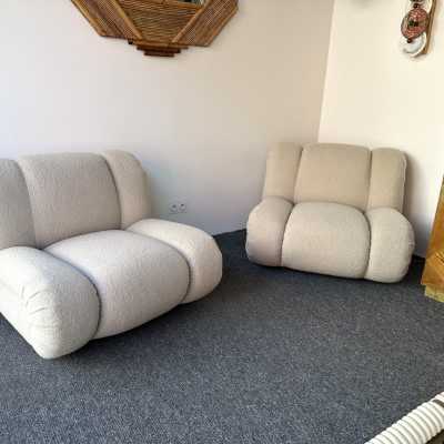 Mid-Century Modern Space Age Pair of large Velasquez model fireside armchairs by Italian design publisher Mimo J. Padova. New loopback fabric covering. In the style of Pierre Cardin, Gio Ponti, Gianfranco Frattini, Cassina, Osvaldo Borsani, Joe Colombo, Vico Magistretti, Ico Luisa Parisi, Mario Bellini, Tito Agnoli, Afra Tobia Carlo Scarpa, Luciano Frigerio, Sporiti, Marco Zanuso, Giulio Moscatelli, Formanova.
