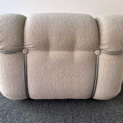 Mid-Century Modern Space Age Pair of large Velasquez model fireside armchairs by Italian design publisher Mimo J. Padova. New loopback fabric covering. In the style of Pierre Cardin, Gio Ponti, Gianfranco Frattini, Cassina, Osvaldo Borsani, Joe Colombo, Vico Magistretti, Ico Luisa Parisi, Mario Bellini, Tito Agnoli, Afra Tobia Carlo Scarpa, Luciano Frigerio, Sporiti, Marco Zanuso, Giulio Moscatelli, Formanova.