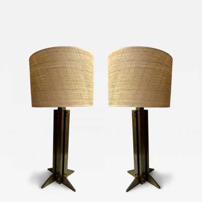 Pair of brass table or bedside lamps, Space Age, Brutalist and Mid-Century Modern style.