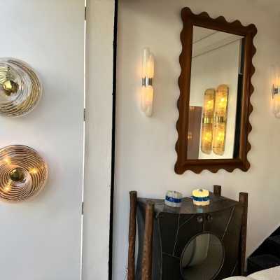 Pair of plastic lucite spiral brass wall or ceiling lights mid century modern, Italian design in the mood of Venini, Vistosi, Mazzega, Seguso, Carlo Aldo Nason, Poliarte, Esperia, Angelo Brotto, Stilnovo, Arteluce, Arredoluce, Artemide, Pierre Cardin, Lumi, Luci, Raak, Angelo Lelii, Francesco Bocola, Superstudio, Enrico Tronconi, Mario Bellini, Harvey Guzzini, Luigi Massoni, Martinelli, Fabio Lenci, Gio Ponti.