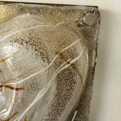 Pair of Space Age, Mid-Century Modern style wall lights, in textured Murano glass and brass, with gold brushed brass finish to the sides. Can also be recessed. Renowned Italian design: Venini, Vistosi, La Murrina, Aldo Carlo Nason for Mazzega, Stilnovo, Joe Colombo, Arteluce, Arredoluce, Lumi, Luci, Rggiani, Sciolari, Werner Pantone, Luigi Colani, Raak, Angelo Lelii, Angelo Brotto, Esperia, Francesco Bocola, Superstudio, Enrico Tronconi, Mario Bellini, Harvey Guzzini, Luigi My