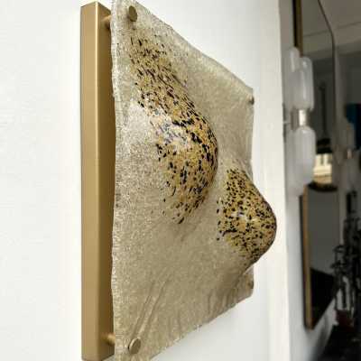 Pair of Mid-Century Modern Space Age Wall Sconces, Textured Murano Glass and Brushed Brass Gold Painted Metal Style Sconces. Famous Italian design like Venini, Vistosi, La Murrina, Aldo Carlo Nason for Mazzega, Stilnovo, Joe Colombo, Arteluce, Arredoluce, Lumi, Luci, Rggiani, Sciolari, Werner Pantone, Luigi Colani, Raak, Angelo Lelii, Angelo Brotto, Esperia, Francesco Bocola, Superstudio, Enrico Tronconi, Mario Bellini, Harvey Guzzini, Luigi Massoni, Martinelli, Pierre Cardi