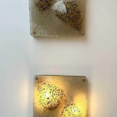 Pair of Mid-Century Modern Space Age Wall Sconces, Textured Murano Glass and Brushed Brass Gold Painted Metal Style Sconces. Famous Italian design like Venini, Vistosi, La Murrina, Aldo Carlo Nason for Mazzega, Stilnovo, Joe Colombo, Arteluce, Arredoluce, Lumi, Luci, Rggiani, Sciolari, Werner Pantone, Luigi Colani, Raak, Angelo Lelii, Angelo Brotto, Esperia, Francesco Bocola, Superstudio, Enrico Tronconi, Mario Bellini, Harvey Guzzini, Luigi Massoni, Martinelli, Pierre Cardi