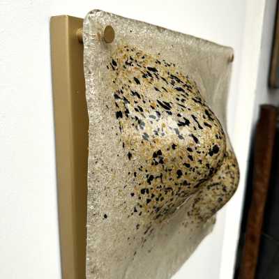 Pair of Mid-Century Modern Space Age Wall Sconces, Textured Murano Glass and Brushed Brass Gold Painted Metal Style Sconces. Famous Italian design like Venini, Vistosi, La Murrina, Aldo Carlo Nason for Mazzega, Stilnovo, Joe Colombo, Arteluce, Arredoluce, Lumi, Luci, Rggiani, Sciolari, Werner Pantone, Luigi Colani, Raak, Angelo Lelii, Angelo Brotto, Esperia, Francesco Bocola, Superstudio, Enrico Tronconi, Mario Bellini, Harvey Guzzini, Luigi Massoni, Martinelli, Pierre Cardi