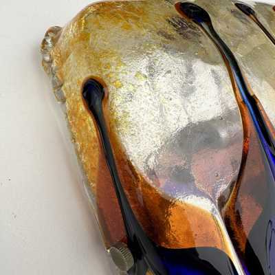 Pair of mid century modern space age wall sconces, Harlequin sconces in textured multicolor Murano glass and metal. Can be used as flush mounting. Famous Italian design like Venini, Vistosi, La Murrina, Aldo Carlo Nason for Mazzega, Stilnovo, Joe Colombo, Arteluce, Arredoluce, Lumi, Luci, Rggiani, Sciolari, Werner Pantone, Luigi Colani, Raak, Angelo Lelii, Angelo Brotto, Esperia, Francesco Bocola, Superstudio, Enrico Tronconi, Mario Bellini, Harvey Guzzini, Luigi Massoni, Mar