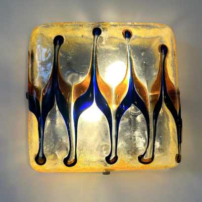 Pair of mid century modern space age wall sconces, Harlequin sconces in textured multicolor Murano glass and metal. Can be used as flush mounting. Famous Italian design like Venini, Vistosi, La Murrina, Aldo Carlo Nason for Mazzega, Stilnovo, Joe Colombo, Arteluce, Arredoluce, Lumi, Luci, Rggiani, Sciolari, Werner Pantone, Luigi Colani, Raak, Angelo Lelii, Angelo Brotto, Esperia, Francesco Bocola, Superstudio, Enrico Tronconi, Mario Bellini, Harvey Guzzini, Luigi Massoni, Mar