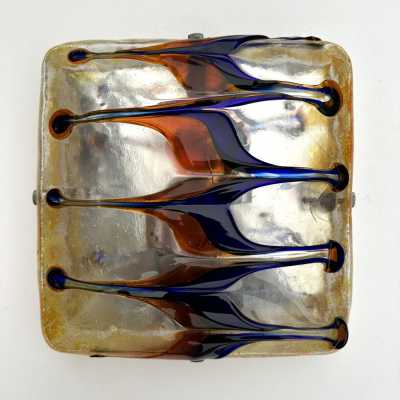 Pair of mid century modern space age wall sconces, Harlequin sconces in textured multicolor Murano glass and metal. Can be used as flush mounting. Famous Italian design like Venini, Vistosi, La Murrina, Aldo Carlo Nason for Mazzega, Stilnovo, Joe Colombo, Arteluce, Arredoluce, Lumi, Luci, Rggiani, Sciolari, Werner Pantone, Luigi Colani, Raak, Angelo Lelii, Angelo Brotto, Esperia, Francesco Bocola, Superstudio, Enrico Tronconi, Mario Bellini, Harvey Guzzini, Luigi Massoni, Mar