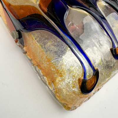 Pair of mid century modern space age wall sconces, Harlequin sconces in textured multicolor Murano glass and metal. Can be used as flush mounting. Famous Italian design like Venini, Vistosi, La Murrina, Aldo Carlo Nason for Mazzega, Stilnovo, Joe Colombo, Arteluce, Arredoluce, Lumi, Luci, Rggiani, Sciolari, Werner Pantone, Luigi Colani, Raak, Angelo Lelii, Angelo Brotto, Esperia, Francesco Bocola, Superstudio, Enrico Tronconi, Mario Bellini, Harvey Guzzini, Luigi Massoni, Mar