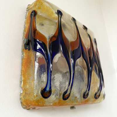 Pair of mid century modern space age wall sconces, Harlequin sconces in textured multicolor Murano glass and metal. Can be used as flush mounting. Famous Italian design like Venini, Vistosi, La Murrina, Aldo Carlo Nason for Mazzega, Stilnovo, Joe Colombo, Arteluce, Arredoluce, Lumi, Luci, Rggiani, Sciolari, Werner Pantone, Luigi Colani, Raak, Angelo Lelii, Angelo Brotto, Esperia, Francesco Bocola, Superstudio, Enrico Tronconi, Mario Bellini, Harvey Guzzini, Luigi Massoni, Mar